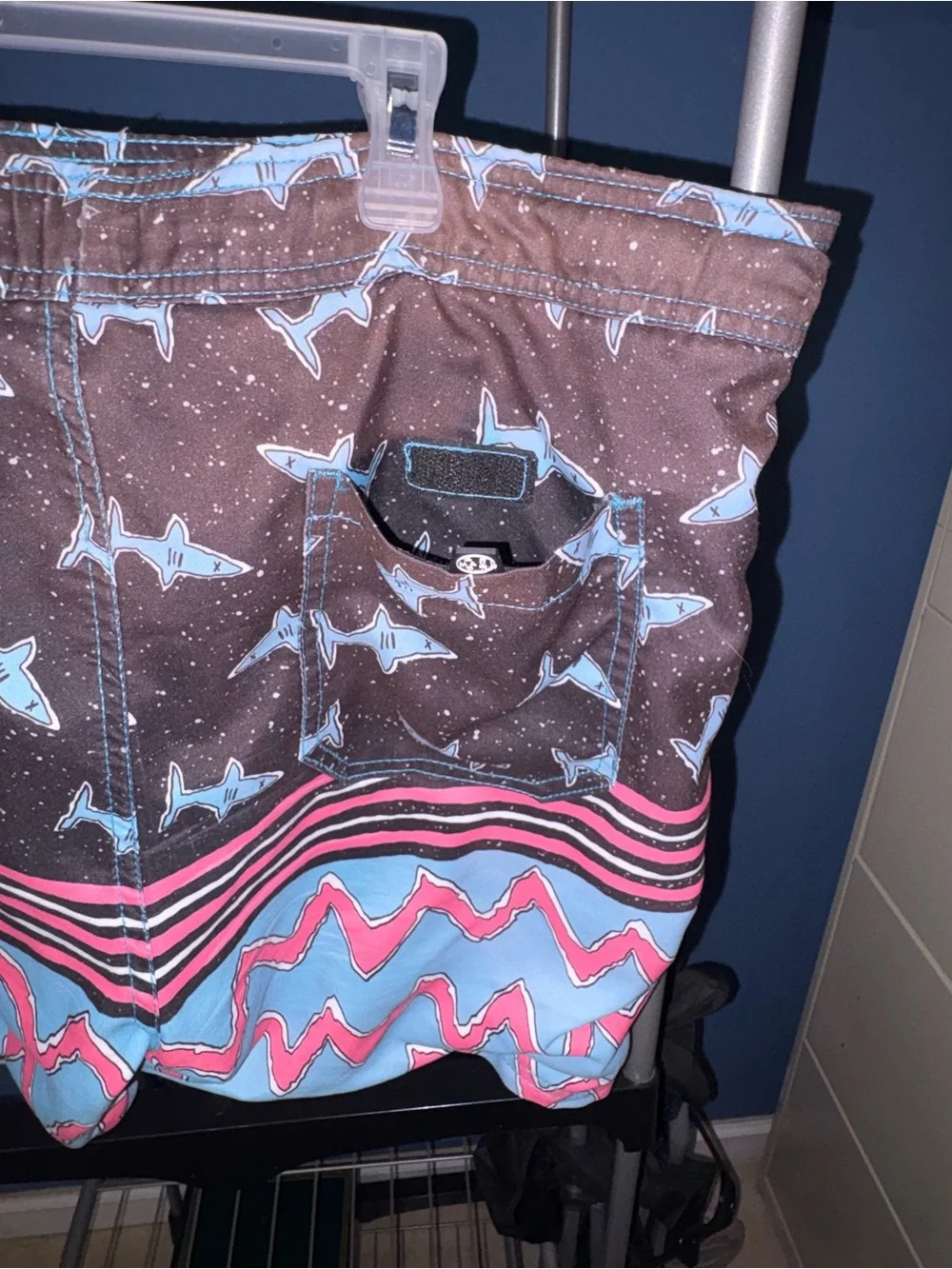 MAUI Athletics Men's Black, Light Blue & Pink Shark Print Swim Trunks